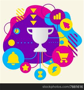 Cup winner on abstract colorful spotted background with different icons and elements. Flat design for the web, interface, print, banner, advertising.
