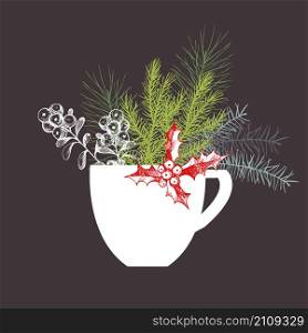 Cup with Christmas plants. Vector hand-drawn illustration.. Cup with Christmas plants.
