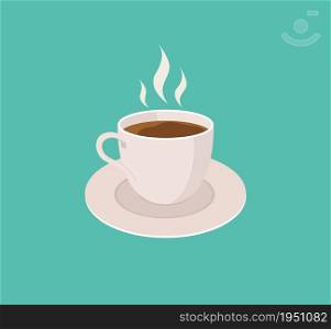 Cup with coffee. Mug of espresso or tea. Flat icon of hot drink in cafe. Mug with coffe and smoke in cartoon style. Illustration for breakfast. Banner of coffee. Logo for cafeteria. Vector.. Cup with coffee. Mug of espresso or tea. Flat icon of hot drink in cafe. Mug with coffe and smoke in cartoon style. Illustration for breakfast. Banner of coffee. Logo for cafeteria. Vector