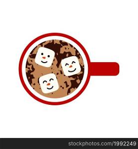 Cup with drink and marshmallows cute face character view top. Flat style. Design for greeting card, banner, poster. Vector illustration.