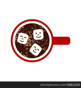 Cup with drink and marshmallows cute face character view top. Flat style. Design for greeting card, banner, poster. Vector illustration.