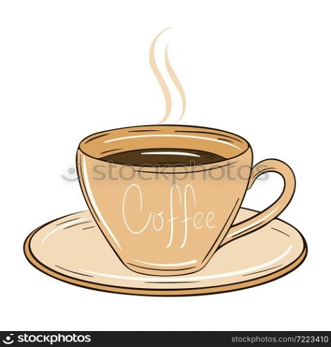 Cup with fresh coffee, isolated object. Hot morning drink, hand drawing. Mug with dark coffee on a saucer, vector illustration.. Cup with fresh coffee, isolated object.