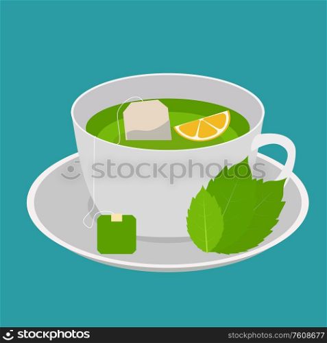 Cup with green mint tea and lemon in flat design. Vector Illustration EPS10. Cup with green mint tea and lemon in flat design. Vector Illustration