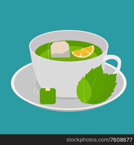 Cup with green mint tea and lemon in flat design. Vector Illustration EPS10. Cup with green mint tea and lemon in flat design. Vector Illustration