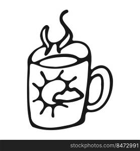 Cup with hot drink in doodle style. Hand drawn mug of hot coffee or tea with steam. Black outline of a mug of hot chocolate on a white background. Vector illustration..  Hand drawn mug of hot coffee or tea with steam.