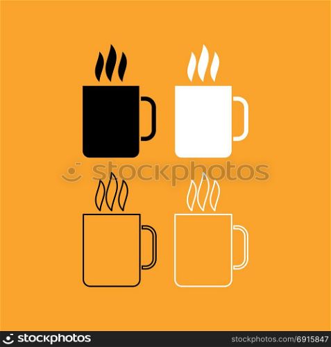 Cup with hot drink set black and white icon .