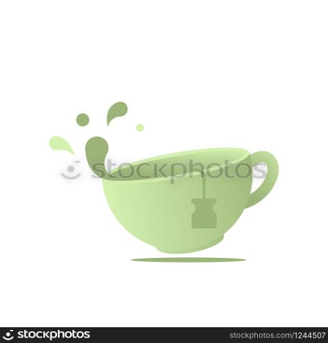 Cup with label of green tea levitation with drops isometric