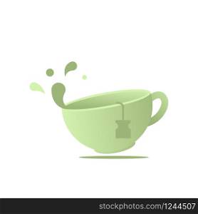 Cup with label of green tea levitation with drops isometric