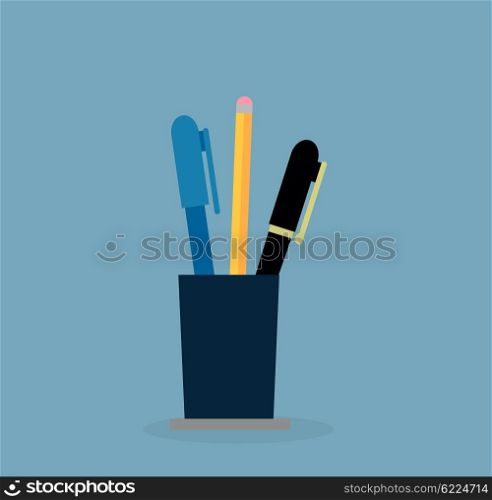 Cup with pen and pencil. Education concept. Office, school education, stationery writing tool, pencil in container, pen basket, elementary instrument vector illustration