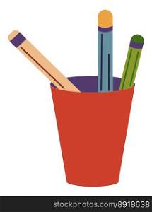 Cup with pens and pencils for writing, isolated school supplies. Education and studies, objects for lessons and classes. Drawing and writing down with instruments. Vector in flat style illustration. School supplies, cup with pencil and pens vector