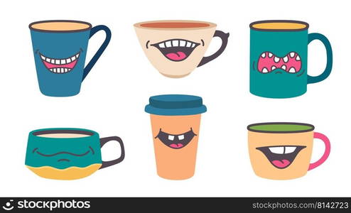 Cup with smile. Doodle mug with smiley mouth emotion, funny tea cup pop art character. Vector cappuccino coffee cute mascot isolated collection. Cup for drink with different expressions. Cup with smile. Doodle mug with smiley mouth emotion, funny tea cup pop art character. Vector cappuccino coffee cute mascot isolated collection