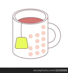 Cup with tea bag semi flat color vector element. Full sized object on white. Decorated mug. Warm tasty beverage simple cartoon style illustration for web graphic design and animation. Cup with tea bag semi flat color vector element