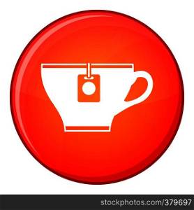 Cup with teabag icon in red circle isolated on white background vector illustration. Cup with teabag icon, flat style