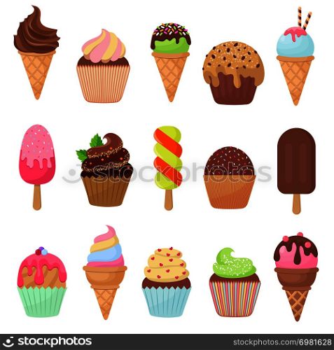 Cupcake and ice cream cartoon vector collection. Cartoon cupcake and sweet dessert cake illustration. Cupcake and ice cream cartoon vector collection