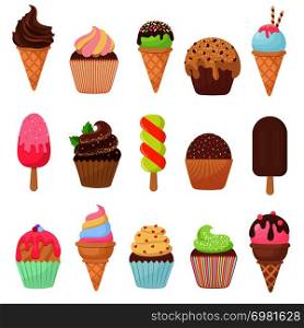 Cupcake and ice cream cartoon vector collection. Cartoon cupcake and sweet dessert cake illustration. Cupcake and ice cream cartoon vector collection