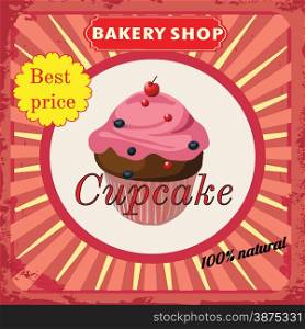 Cupcake bakery shop poster. Vintage Retro style