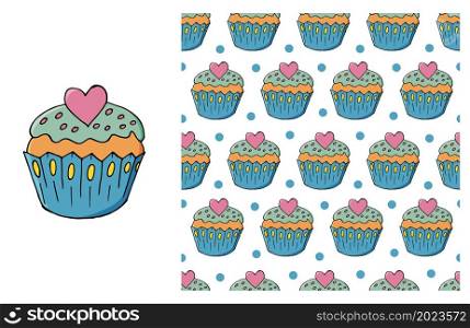 Cupcake. Blue Set of element and seamless pattern. Ideal for children&rsquo;s clothing. Sweet pastries. Can be used for fabric and etc. Cupcake, muffin. Set of element and seamless pattern