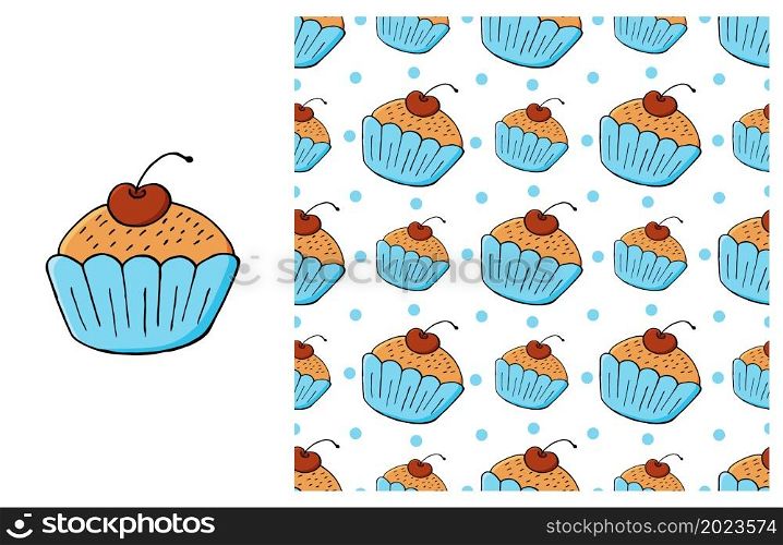Cupcake. Blue Set of element and seamless pattern. Ideal for children&rsquo;s clothing. Sweet pastries. Can be used for fabric, wrapping and etc. Cupcake, muffin. Set of element and seamless pattern