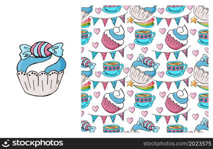 Cupcake. Blue Set of element and seamless pattern. Ideal for children&rsquo;s clothing. Sweet pastries. Can be used for fabric, wrapping paper and etc. Cupcake, muffin. Set of element and seamless pattern