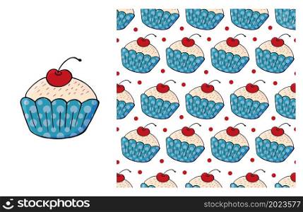 Cupcake. Blue Set of element and seamless pattern. Ideal for children&rsquo;s clothing. Sweet pastries. Cupcake, muffin. Set of element and seamless pattern