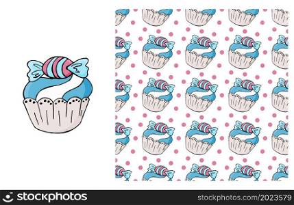 Cupcake. Blue Set of element and seamless pattern. Ideal for children&rsquo;s clothing. Cupcake, muffin. Set of element and seamless pattern