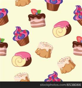 Cupcake Cake Chocolate Swiss Roll Seamless Pattern. Cupcake, round cake, cake with flowing chocolate cream, chocolate swiss roll seamless pattern. Endless texture with delicious confectionery. Tasty bakery. Vector illustration in flat style design