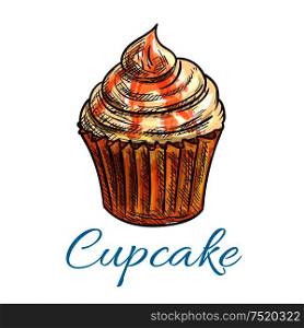 Cupcake dessert isolated sketch. Chocolate cake with cream and salted caramel frosting. Pastry or bakery shop menu, food packaging design. Chocolate cupcake with cream and caramel sketch