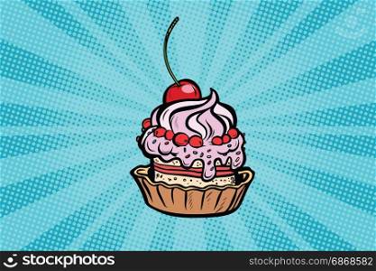 cupcake dessert with cherries and cream. Pop art retro comic book vector illustration. cupcake dessert with cherries and cream