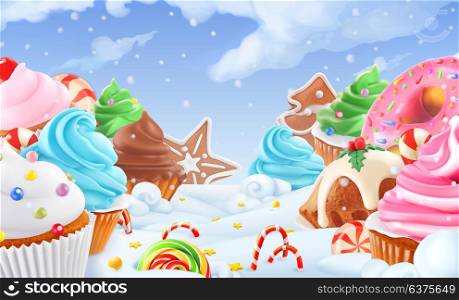 Cupcake, fairy cake. Winter sweet landscape. Christmas background. 3d vector illustration