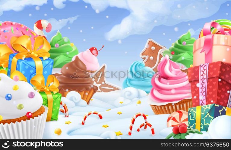 Cupcake, gift box. Winter sweet landscape. Christmas background. 3d vector illustration