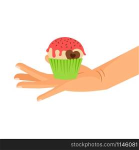 Cupcake gift islated vector illustration. Hand holding pastry cupcake decorated with chocolate heart. Hand holding cupcake with chocolate heart