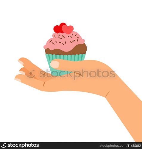 Cupcake gift vector illustration. Hand holding pastry cupcake decorated with two hearts, isolated illustration. Hand holding cupcake with two hearts