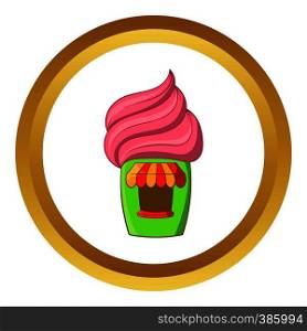 Cupcake house vector icon in golden circle, cartoon style isolated on white background. Cupcake house vector icon