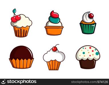 Cupcake icon set. Cartoon set of cupcake vector icons for web design isolated on white background. Cupcake icon set, cartoon style