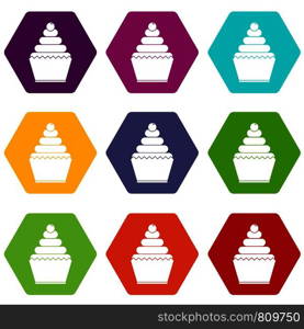 Cupcake icon set many color hexahedron isolated on white vector illustration. Cupcake icon set color hexahedron