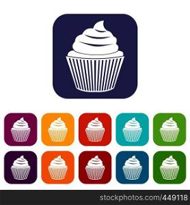 Cupcake icons set vector illustration in flat style In colors red, blue, green and other. Cupcake icons set flat