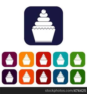 Cupcake icons set vector illustration in flat style In colors red, blue, green and other. Cupcake icons set