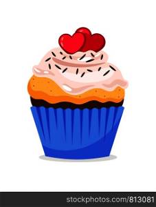 Cupcake illustration with hearts decoration and confetti, on white background. Vector icon. Cupcake with hearts decoration and confetti