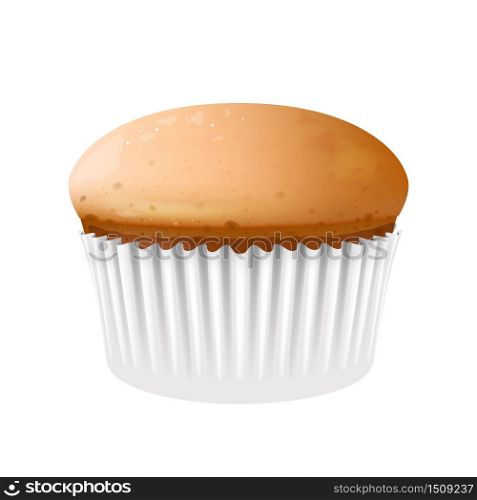 Cupcake in baking cup realistic vector illustration. Homemade dessert, flour confection, sweet stuff. Sugary pastry in cupcake case, baked muffin 3d isolated object on white background. Cupcake in baking cup realistic vector illustration