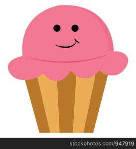 Cupcake in strawberry flavour with a smiley on it , vector, color drawing or illustration.