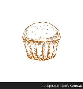 Cupcake isolated hand drawn sketch. Vector pastry food of dough, baked chocolate muffin. Muffin or cupcake, isolated pastry food sketch