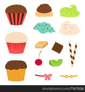 Cupcake makers set. Elements of cupcakes isolated on white background, vector illustration. Cupcake makers set