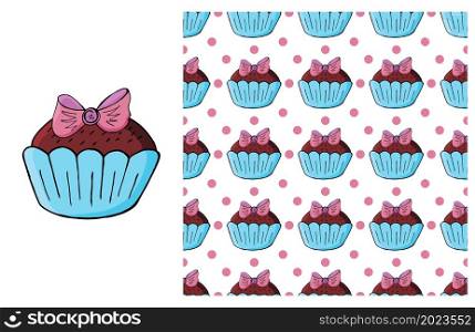 Cupcake, muffin. Blue Set of element and seamless pattern. Ideal for children&rsquo;s clothing. Sweet pastries. Can be used for fabric and etc. Cupcake, muffin. Set of element and seamless pattern