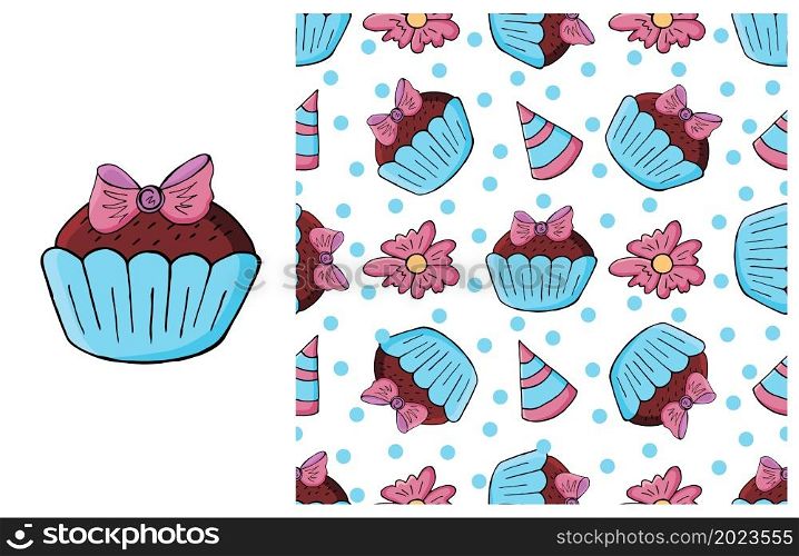 Cupcake, muffin. Blue Set of element and seamless pattern. Ideal for children&rsquo;s clothing. Sweet pastries. Can be used for fabric, wrapping paper and etc. Cupcake, muffin. Set of element and seamless pattern