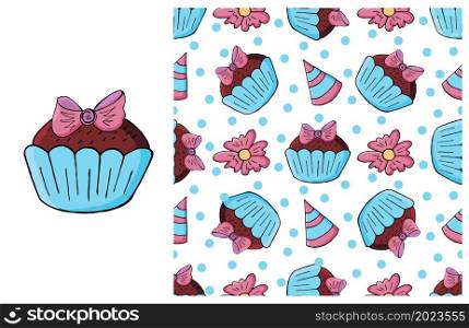 Cupcake, muffin. Blue Set of element and seamless pattern. Ideal for children&rsquo;s clothing. Sweet pastries. Can be used for fabric, wrapping paper and etc. Cupcake, muffin. Set of element and seamless pattern