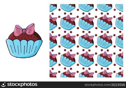 Cupcake, muffin. Blue Set of element and seamless pattern. Ideal for children&rsquo;s clothing. Sweet pastries. Can be used for fabric. Cupcake, muffin. Set of element and seamless pattern