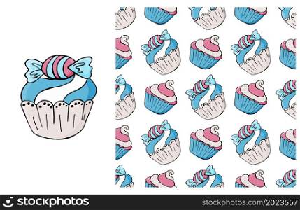 Cupcake, muffin. Blue Set of element and seamless pattern. Ideal for children&rsquo;s clothing. Sweet pastries. Cupcake, muffin. Set of element and seamless pattern