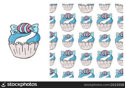 Cupcake, muffin. Blue Set of element and seamless pattern. Ideal for children&rsquo;s clothing. Sweet. Cupcake, muffin. Set of element and seamless pattern