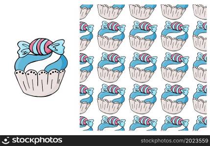 Cupcake, muffin. Blue Set of element and seamless pattern. Ideal for children&rsquo;s clothing. Cupcake, muffin. Set of element and seamless pattern