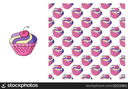 Cupcake, muffin. Pink Set of element and seamless pattern. Ideal for children&rsquo;s clothing. Sweet pastries. Can be used for fabric and etc. Cupcake, muffin. Set of element and seamless pattern